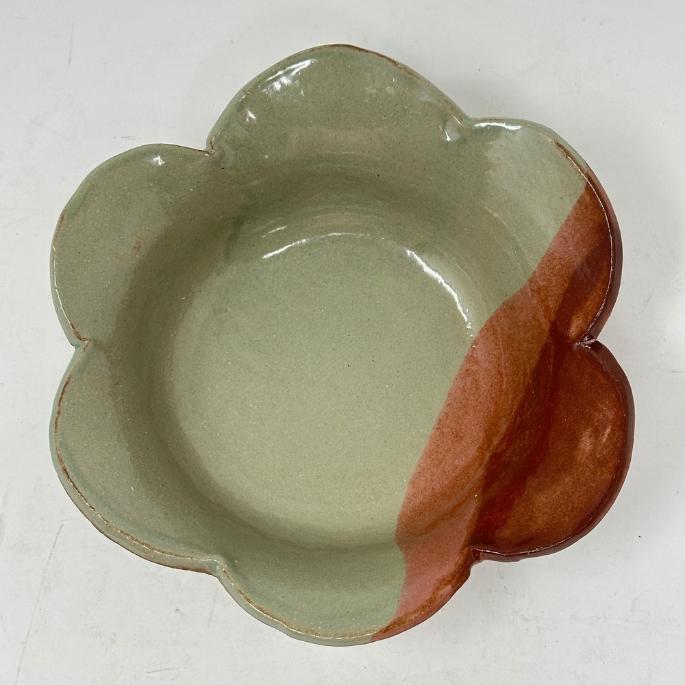 Artisan Studio Pottery Scalloped Flower Bowl Sage Green Terracotta Glazed 6.5"